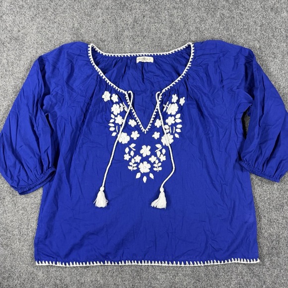 NATURAL LIFE Tops - Natural Life Top Small Blue Floral Embroidered Bohemian Peasant V Neck Tassel
